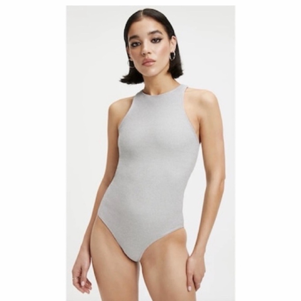 Good American 4 silver sparkle swim bathing suit high neck Bodysuit